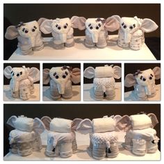 several pictures of stuffed animals made to look like baby diapers and ones with ears