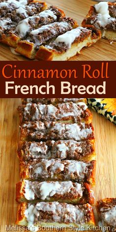 cinnamon roll french bread with white icing on top and in the middle, cut into squares