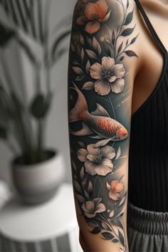 a woman's arm with flowers and a goldfish tattoo on her left arm