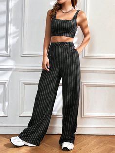 Dark Grey Casual Collar Sleeveless  Striped  Embellished Medium Stretch  Women Clothing Crop Tank Top, Top Tank, Fashion Gallery, Two Piece Outfit, Black Outfit, Moda Fashion, Cropped Tank Top, Wide Leg Trousers, Crop Tank