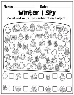 the winter i spy worksheet for kids to learn how to write and draw