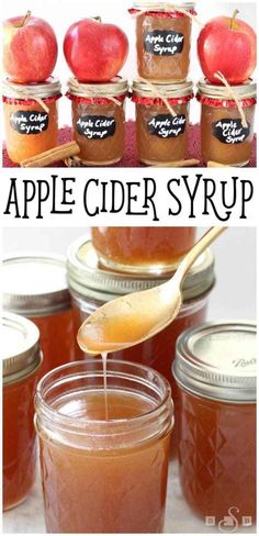 an apple cider syrup recipe with apples in jars