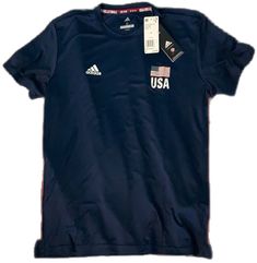 Adidas Navy Short Sleeve Tops, Sporty Navy Adidas Tops, Adidas Navy Sports Top, Adidas Navy Sporty Tops, Blue Adidas Tops For Sports Season, Navy Adidas Sporty Top, Navy Sporty Adidas Tops, Usa Volleyball, Blue Short Sleeve Shirt