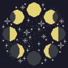 a cross stitch pattern with stars and moon in the center on a black background,