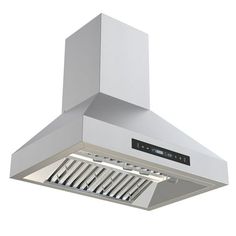 a white stove hood with the light on it's side and ventilation venting