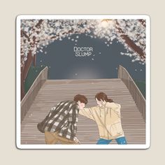 two young men are touching each other in front of cherry blossom trees and the moon above them