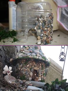 there are two pictures one has a bird house and the other has rocks in it