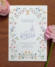 a wedding card with flowers on it and the letter r next to it is an image of a church