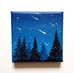 a painting of trees and stars in the night sky with blue hues on canvas