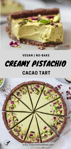 two different types of desserts with the words vegan no - bake creamy pistachio cacao tart