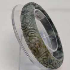 Natural Burmese Jadeite Bangle Hand Curved Design On Bangle Grade A Size 59.1mm Carved Jade Bangle Bracelet, Handmade Elegant Jade Bangle, Carved Jade Round Bracelets, Carved Green Jade Bangle, Carved Jade Bracelets, Elegant Carved Green Bangle, Elegant Green Carved Bangle, Carved Jade Bracelet, Antique Jade