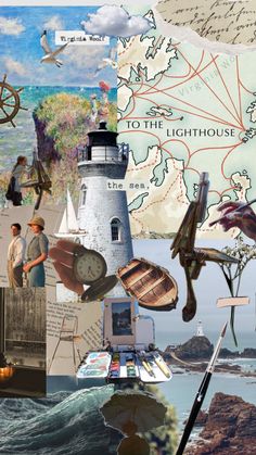 a collage of various images including lighthouses and people