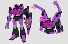 a purple and black robot standing next to each other on a white surface with one arm up