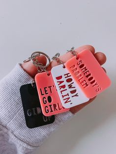 Our western themed keychains, with their simple yet elegant look make the perfect party favor. Available in 8 phrases (or choose to customize yours) and 3 different acrylic colors, there is something for everyone! **3 word limit on custom phrases** Design is laser cut into 1/8" acrylic. Keychain measures approx. 2" x 1.3" Available in White, Black, & Pink Western Party Favors, Western Keychain, Last Rodeo, Gift Bachelorette Party, Bachelorette Party Favor, Western Party, Western Parties, Bachelorette Party Favors, Acrylic Keychain