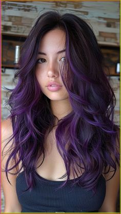 Dark Brown And Colored Hair, Purple Bottom Hair, Dark Brown And Purple Hair Split Dye, Violet Hair With Money Piece, Colorful Hair For Brunettes, Peekaboo Hair Color Purple And Brown, Mom Hair Color Ideas Dark, Dark Purple Halo Hair, Purple Highlights For Dark Brown Hair