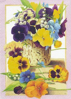 a painting of pansies and flowers in a vase on a table with pink background