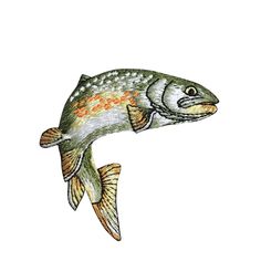 a drawing of a fish with orange spots on it's body and head, flying through the air