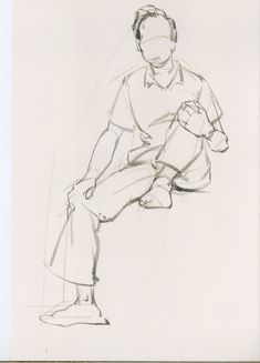 a drawing of a man sitting down with his hand on his knee and looking at the ground