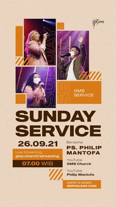 an event poster for the cms service, featuring two women singing and one man holding a microphone