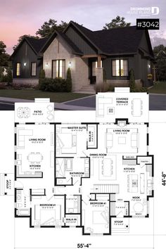 the floor plan for this modern house is very large and has three bedroom, two bathrooms