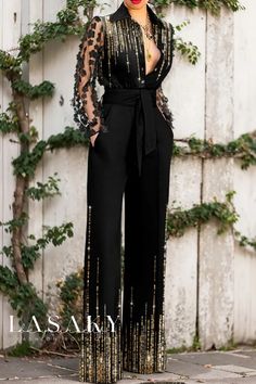 Lasaky - Ladies Elegantly Styled Lace-Embellished Flared Trousers Womens Jumpsuits Casual, Collar Jumpsuit, Woman In Black, Bodycon Floral Dress, Looks Black, Jumpsuit Party, Casual Jumpsuit, Turndown Collar, Looks Chic