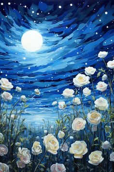 an oil painting of white roses in the grass under a full moonlit blue sky