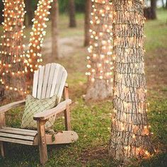 a wooden chair sitting next to a tree covered in fairy lights and string lights on the trees