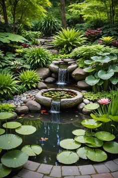 a pond with water lilies and lily pads in the foreground is surrounded by greenery