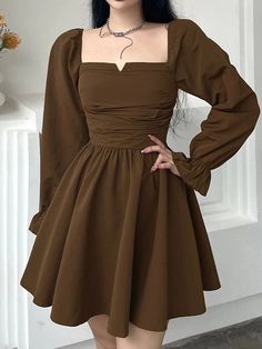 Grunge Dress, Women Long Sleeve Dress, Autumn Dress, Mini Dresses For Women, Brown Dress, Mini Dresses, Classy Dress, Long Sleeve Mini Dress, Pleated Dress