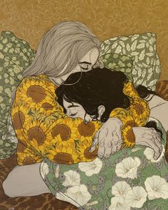 a painting of two women hugging each other on a bed with sunflowers in the background