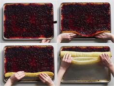 four pictures showing how to bake a banana and raspberry cake in the oven