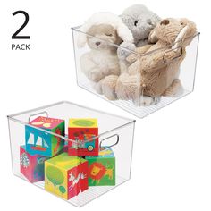 two clear boxes filled with stuffed animals sitting next to each other