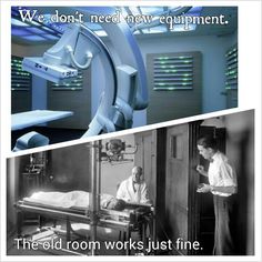 two pictures, one with an operating room and the other with medical equipment