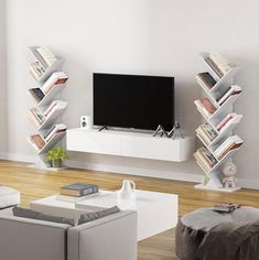 a living room filled with furniture and a flat screen tv on top of a book shelf