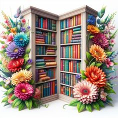 an open book case filled with lots of books and colorful flowers on top of it