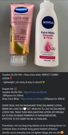 Vaseline Gluta Hya And Nivea, Vaseline Whitening Lotion, Vaseline Lotion Whitening, Whitening Products Body Skin, Skin White Lotion, Girly Routine, Nivea Body Lotion, Vaseline Lotion, Gluta Hya