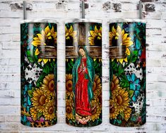 three colorful cups with the image of mary and sunflowers on them