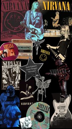 an image of various music related items on a black and blue background with the words nirvana above them