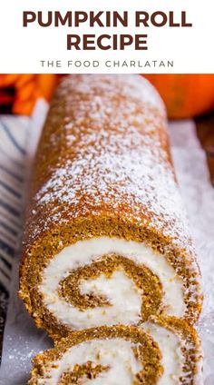 pumpkin roll recipe with white frosting and cinnamon swirl