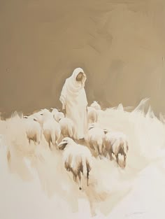 a painting of a person with sheep in the snow