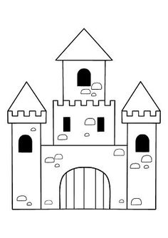 a drawing of a castle that is outlined in black and white on a white background