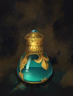 a blue glass bottle with a gold top on a black surface in front of some dark clouds