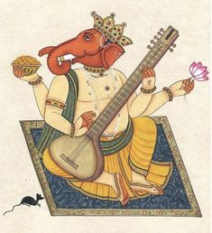 an elephant is sitting on the ground with a guitar in it's hand and holding a flower