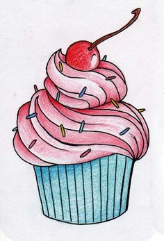 a drawing of a cupcake with pink icing and a cherries on top