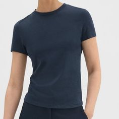 Fitted Stretch-Nylon Tee From Theory. Never Worn, Perfect Condition. Navy Fitted Tops For Workwear, Navy Fitted Modern Top, Modern Fitted Navy Tops, Modern Fitted Navy Top, Navy Fitted Crew Neck Top, Fitted Navy Crew Neck Top, Fitted Navy T-shirt For Spring, Navy Stretch Top For Work, Navy Stretch Top For Workwear