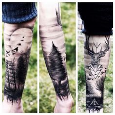 three different tattoos on the legs of people with deer, trees and triangles in them