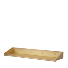 a wooden shelf with three holes on the bottom and one hole in the middle, against a white background