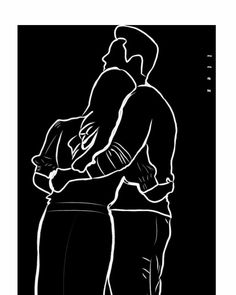 a black and white drawing of two people standing next to each other, one holding a baby