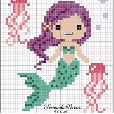 a cross stitch mermaid with purple hair and green tail sitting on top of a pink fish