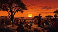 an african sunset scene with people sitting on the ground